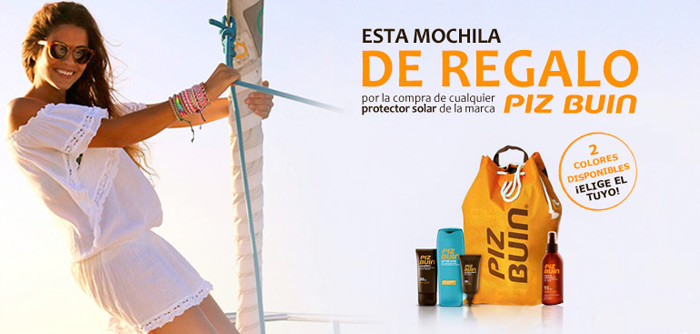 Promoción mochila de regalo al comprar un protector solar Piz Buin en la parafarmacia online Rosvel